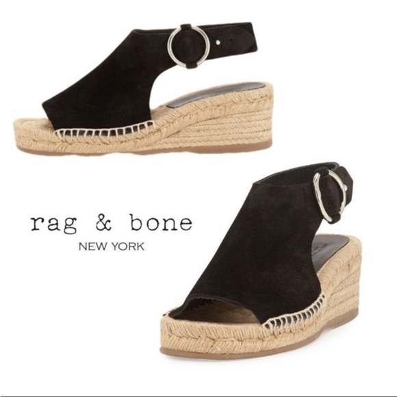 rag & bone Calla Black Suede Wedge Espadrille Black Sandals Size EU 39 US 8 - Picture 1 of 15